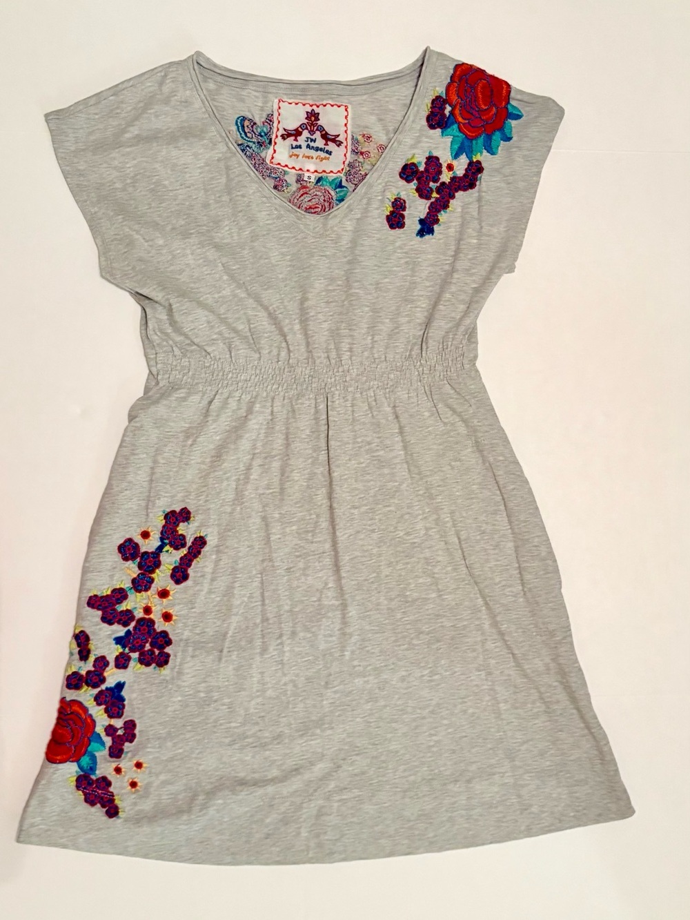 Johnny Was LA Gray Dress Floral Embroidery Elastic Waist Cotton Size Small
